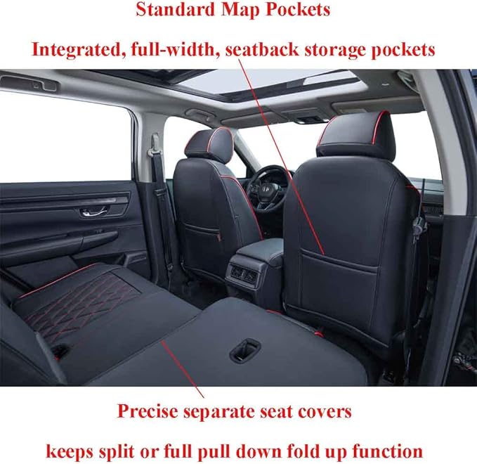 EKR Car Seat Covers for Honda CRV 2023-2026 Leatherette Full Set | Custom Fit for Honda CRV 2023 2024 2025 2026 Easy-Wipe Protection,Faux Leather(Black with Red Piping)
