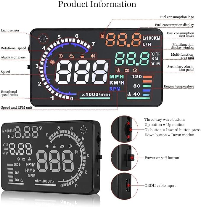 5.5 inches A8 OBD2 Windshield HUD Head Up Display with Display RPM MPH Speeding Warning Fuel Consumption Temperature