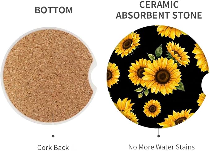 Britimes Absorbent Car Coasters 2 Pack for Cup Holders, 2.56" Ceramic Stone & Non-Scratch Cork Base Drink Coasters Sunflower