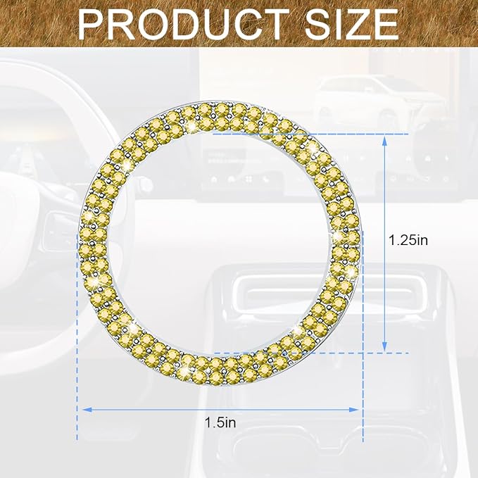 Bling Car Engine Start Ring Decals, 2PCS Sparkling Crystal Rhinestone Vehicle Push to Start Button Sticker, Diamond Auto Key Ignition Knob Decorative Ring, Universal for Vehicles (Yellow)
