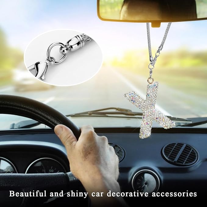DXNQ Bling Initial Car Rear View Mirror Ornament, Crystal Sparkling Cute Letter Charm Pendant Auto Decor, Hanging Lucky Diamond Initial Charm Car Mirror Bag Ornament for Girl Women (Letter X)