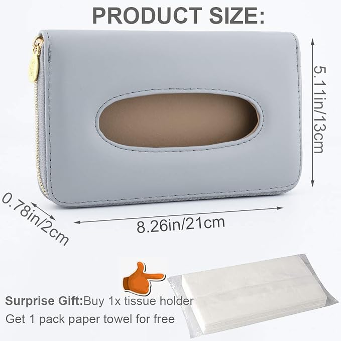 Car Sun Visor Tissue Holder, Napkin Holder, PU Leather Backseat Tissue Case Holder for Car Vehicle with Zipper (Grey)