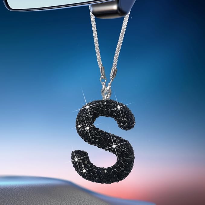 Letter S Bling Black Car Accessories Interior for Women, Interior Charm Rear View Mirror Cute Crystal Pendant Car Decorations for Men, Lucky Gifts Diamond Rhinestone