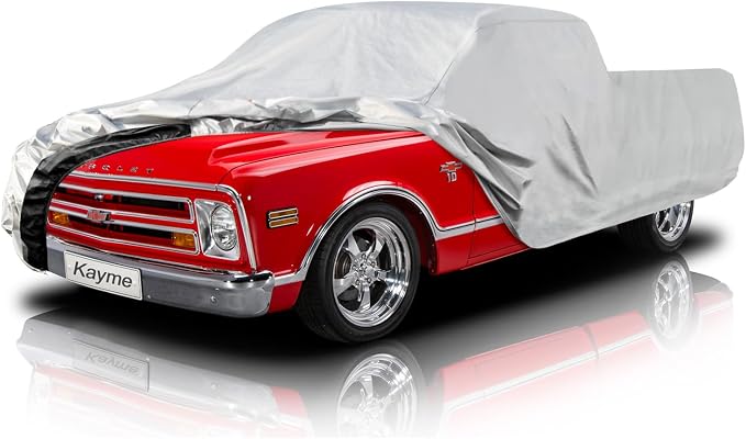 Kayme Truck Cover Waterproof All Weather, Heavy Duty Outdoor Pickup Cover Sun Uv Rain Protection, Universal Fit Most Regular Cab Short Bed Chevy C10 S10 Ford F100 etc. Length Up to 206 inch.