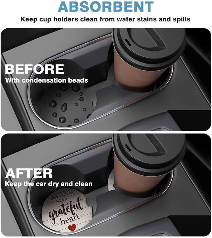Inspirational Quotes Car Coasters for Cup Holders Car Cup Holder Coasters 2 Pack for Car, Anti Slip Ceramic Car Cup Mat with Finger Notch Cute Car Interior Accessories for Women Men