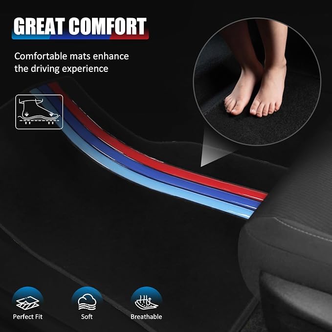Fit 2011-2016 BMW F10 5-Series Floor Mat Nylon Black with 3 Colors Stripes | IKON MOTORSPORTS, Front & Rear Factory M Color Stripe Car Floor Carpets Carpet liner 2012 2013 2014 2015