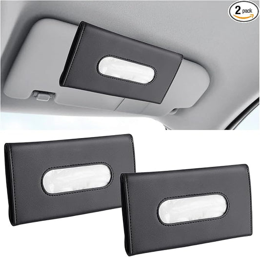 2PCS Leather Sun Visor Tissue Holder, Napkin Dispenser, Mask Holder with Refill - Universal Car Accessory (Black)