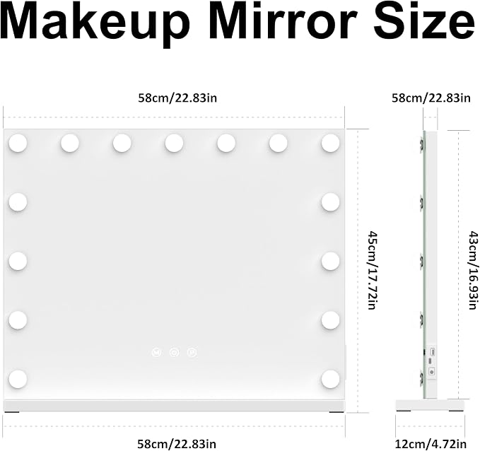 Lighted Vanity Mirror with Lights — 15 LED Bulbs 3 Color Modes Touch Control Makeup Mirror with Detachable 10X Magnifying Mirror, Tabletop & Wall Mount for Bedroom Dressing Table