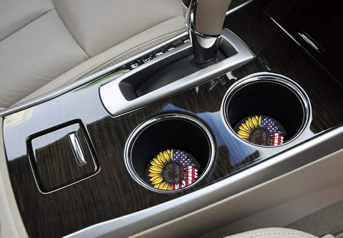 Sunflower & USA Flag 2.56" Car Coasters 2-Pack - Absorbent Ceramic Auto Coasters for Cup Holders, Keeps Your Car Clean & Dry