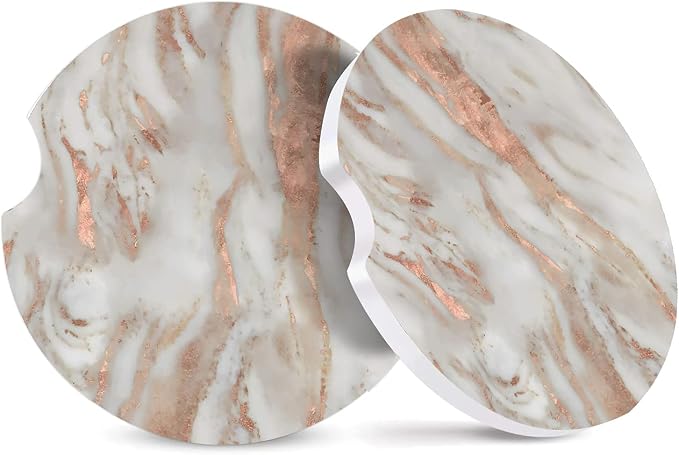 2 Pack Absorbent Car Coasters for Cup Holders,Rose Gold Marble Ceramic Coasters with Cork Back and Finger Slot,Cupholder Accessories to Keep Your Car Cup Holders Clean and Dry 2.56"