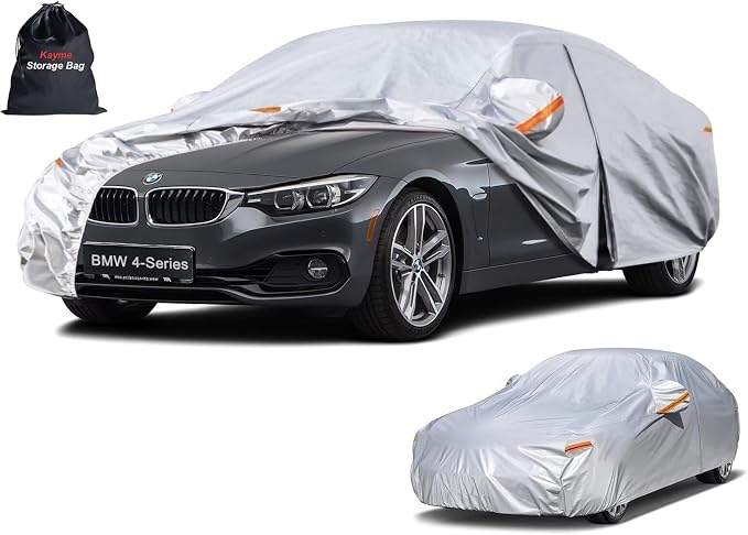 Kayme 6 Layers Sedan Car Cover Custom Fit for BMW 4-Series, 420i 428i 430i 435i 440i (2013-2026), Waterproof All Weather for Automobiles,Rain Sun UV Protection.Silver
