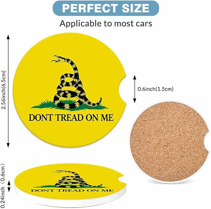 Gadsden Flag Car Coasters for Cup Holders Don't Tread on Me Car Cup Holder Coasters 2 Pack for Car, Anti Slip Ceramic Car Cup Mat with Finger Notch Cute Car Interior Accessories for Women Men