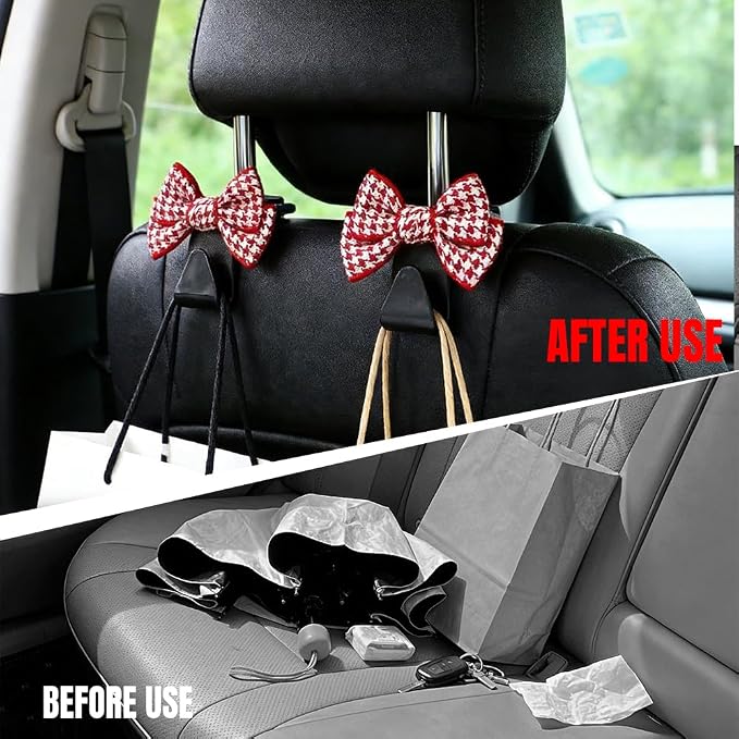 2PCS Car Seat Headrest Hooks, Car Purse Hook, Cute Bow Knot Vehicle Seatback Hanging Storage Organizer, Auto Seatback Decor Organizer Hanger for SUV Truck (Small Houndstooth/Red)
