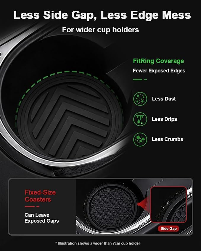 FitRing Adjustable Car Cup Holder Coasters, 2.75"–3.54" Adjustable Diameter, Silicone Coaster Upgrade Helps Reduce Side Gaps and Stay Put, 2-Pack