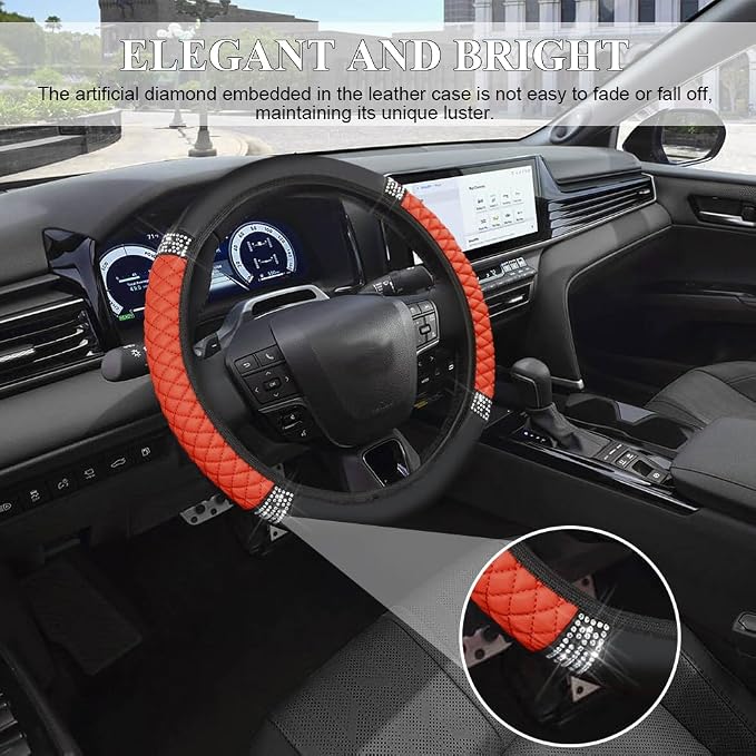 Bling Soft Leather Steering Wheel Cover, 15 Inch Colorful Rhinestones Auto Elastic Steering Wheel Protector for Women Girls, Car Accessories Anti Slip Steering Wheel Cover for Cars, SUVs (Orange)