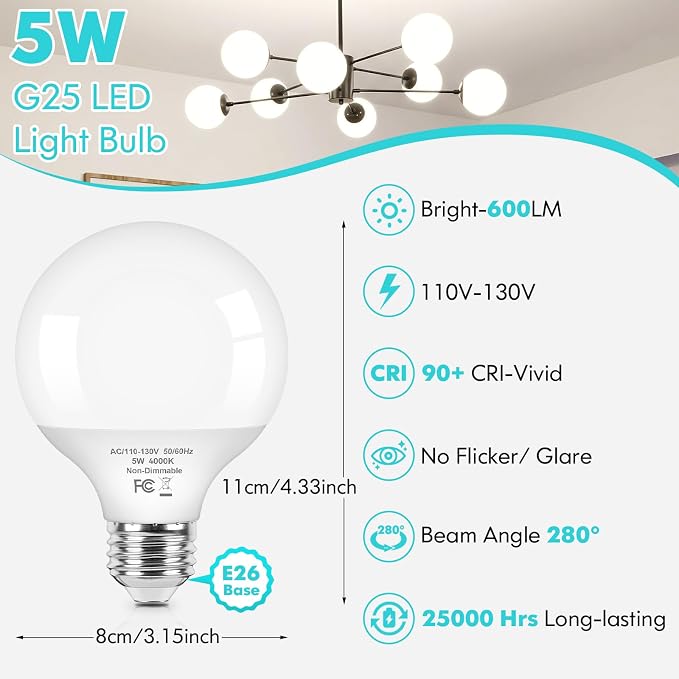 Brightever G25 LED Globe Light Bulbs 60 Watt Equivalent, 5W 4000K Natural Daylight LED Vanity Light Bulbs, E26 Base Round Light Bulb for Bathroom Over Mirror, CRI90+, 600LM, 4-Pack, Non-Dimmable
