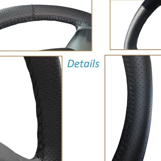 Onerbuy Universal Leather Car Steering Wheel Stitch On Wrap Cover DIY Sewing Breathable and Anti Slip, Maximum for 15-Inch Diameter Car Steering Wheel (Black)