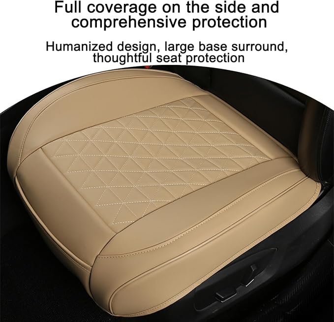 2PCS Leather Car Seat Cover, Vehicle Front Bottom Seat Protector Pad, Full Surrounded Waterproof Auto Seat Protective Cushion with Storage Pocket, Universal for SUV, Truck, Sedan（Beige）