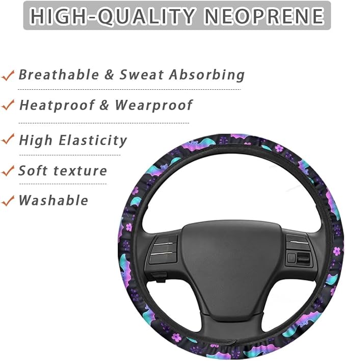 AFPANQZ Halloween Steering Wheel Cover for Cars Universal Fit 14 to 15 inch | Bat Flower Print, Universal Stretch-on Fabric, Keep Warm Steering Wheel Protector for Women
