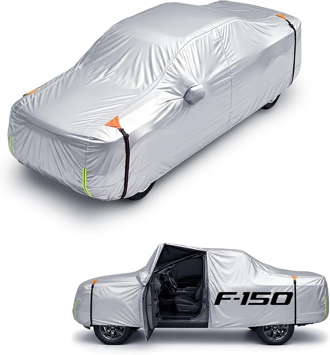 Wigoo Ford F150 F250 F350 SRW Truck Car Cover Accessories 2009-2026, Waterproof All Weather Outdoor Full Pickup Cover, Windproof UV Rain Snow Dust Protection, Door Zipper, Reflective Safety Strips
