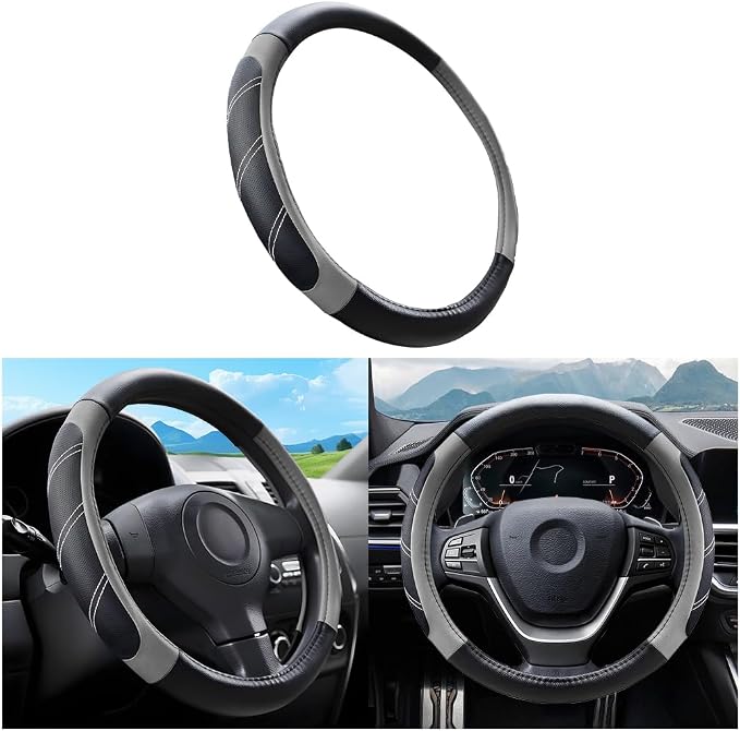 Mandark Car Steering Wheel Cover, Elastic Sport Leather Vehicle Steering Wheel Protector, Non-Slip Soft Grip Padded Auto Interior Protective Accessories, 14.5-15 Inch Universal Fit（Gray）