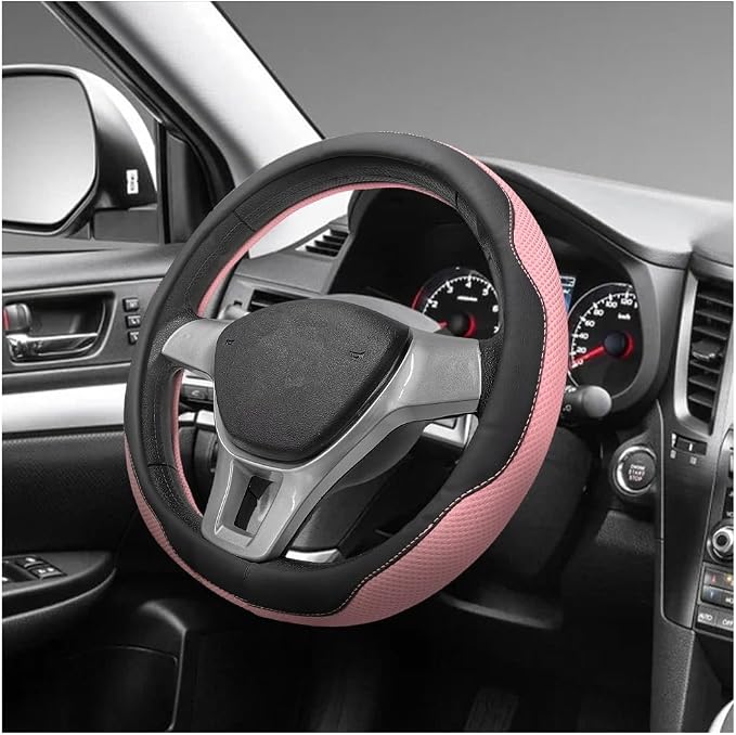 Microfiber Leather Steering Wheel Cover, Breathable Steering Wheel Protector with Anti-Slip Inner Ring, Universal 14.5"-15" Car Wheel Cover Auto Interior Decor for Men Women (Pink)