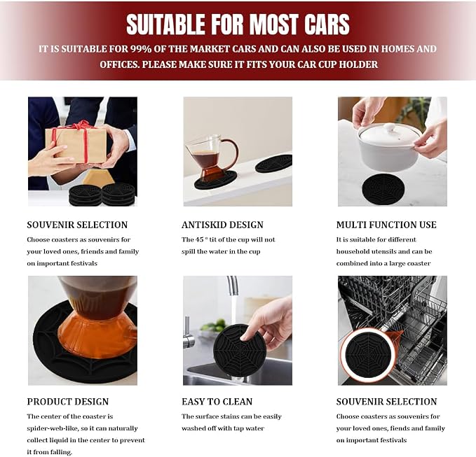 4PCS Car Cup Holder Coaster, Car Cup Insert, 2.75 inch Silicone Anti Slip Spider Web Auto Coaster, Automotive Interior Accessories Car Drink Coasters Cute Fit for Women and Men (Black)