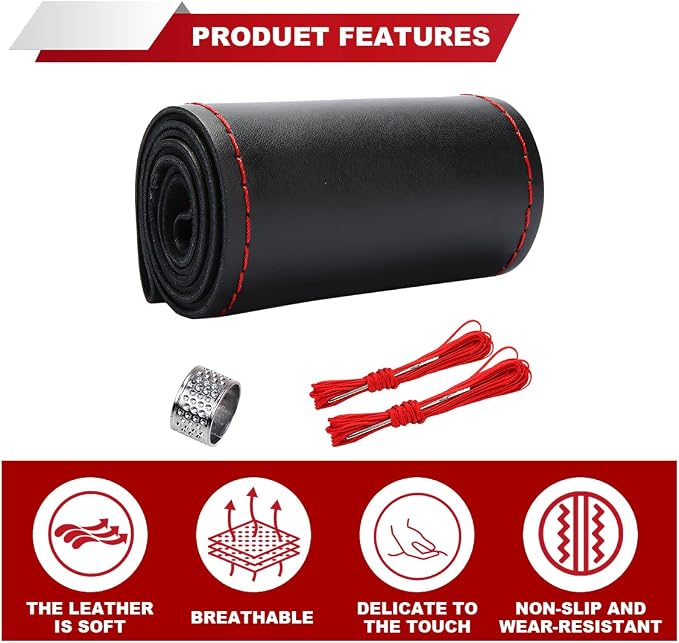 ZIMISI 15 Inch Genuine Leather Steering Wheel Cover (Black&Red) | Anti-Slip Breathable Car Steering Wheel Stitching Wrap, DIY Sewing with Needle Thread, Stitch on Wrap Steering Wheel Cover