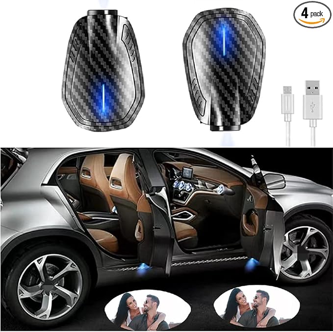 Custom Car Rechargeable LED Door Light Logo Projector Automobile Brand Logo Car Door Lights LED Ghost Shadow Light Projector for car Brand Series Compatible (Carbon Fibre-High, 4)