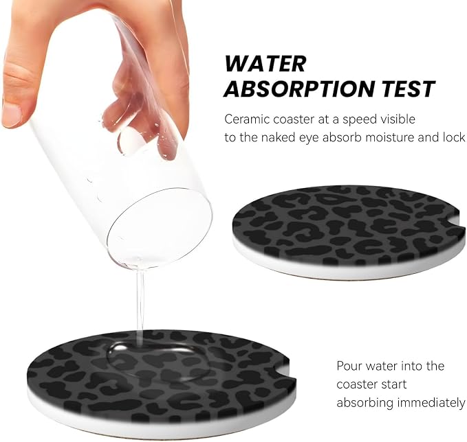 Absorbent Ceramic Car Coasters for Cup Holders, Black Leopard Cheetah Print Design 2.56" Anti Slip Universal Drink Cup Coasters for Women Men (2 Pack)