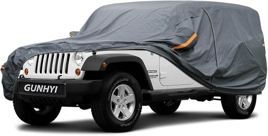 GUNHYI Premium Car Cover Custom Fit Jeep Wrangler 4 Door, 16 Layers Heavy Duty Car Cover Waterproof All Weather with Zipper Door for Sun Rain Snow Dust Uv Protection