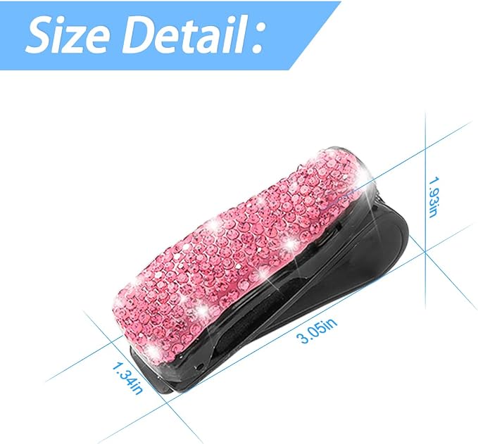 Moly Magnolia Bling Car Glasses Holder, 2PCS Handcrafted Crystal Rhinestones Fashion Car Sunglasses Mount with Card Clip for All Sun Visors, Auto Interior Accessories for Women Girl (Pink)