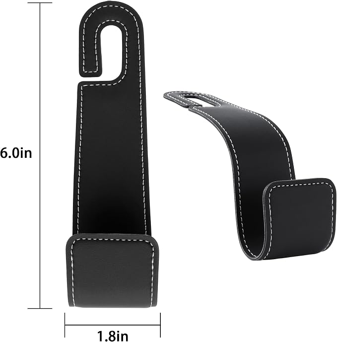 Leather Car headrest Hook for Purses and Bags (Black, 2pcs) | Leather wrap hook with Larger strap holder, friendly to your leather purse. Strong load up to 44lbs.