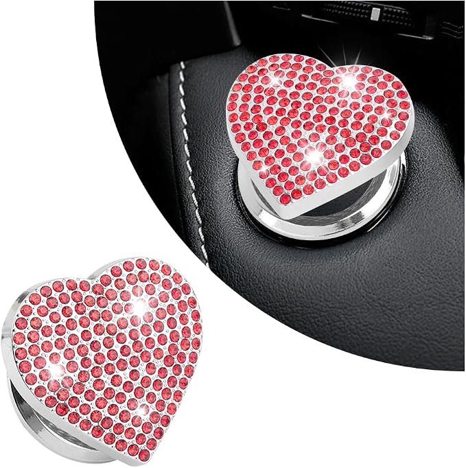 Bling Push Start Button Cover with Rhinestone,Heart Push to Start Button Cover for Car Decor,Diamond Engine Start Buttons Cover Car Accessories Interior for Women & Girl (Red)