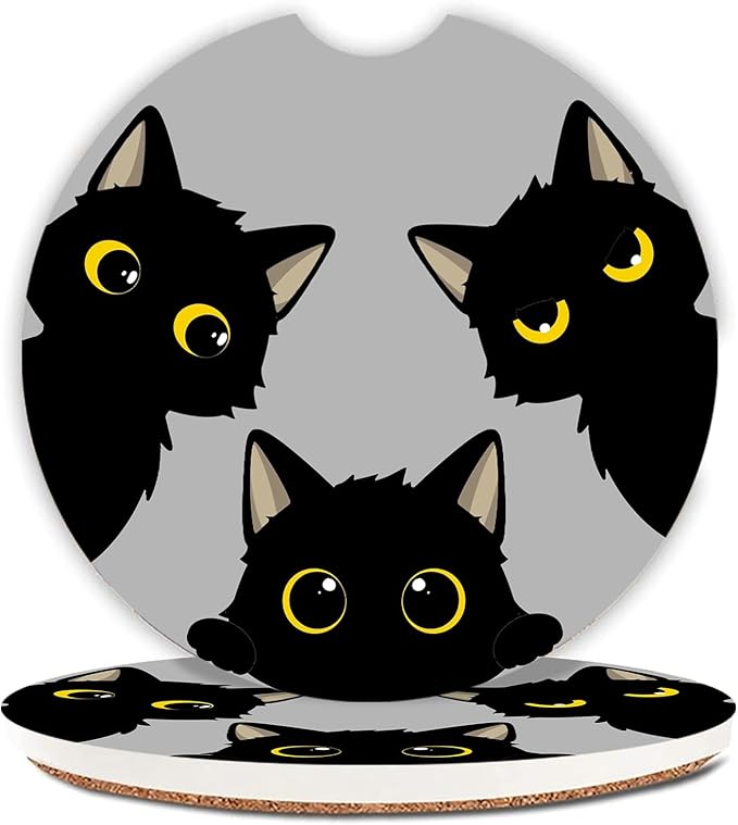 Cute Black Cats Ceramic Cup Holders Car Coasters Set for Women/Men,Drink Cup Car Holder Coasters with A Finger Notch 2.56" Pack of 2.