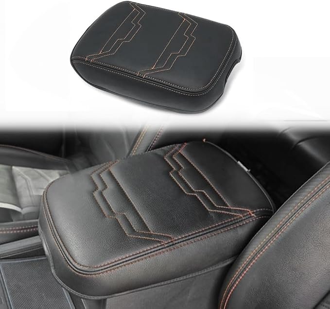 Muslogy Center Console Armrest Cover Fit for Nissan Frontier 2022-2025 2026 Accessories, Comfort Armrest Pad Console Lid Cushion Protector Vegan Leather Regular Thick (V2 Orange Trim)