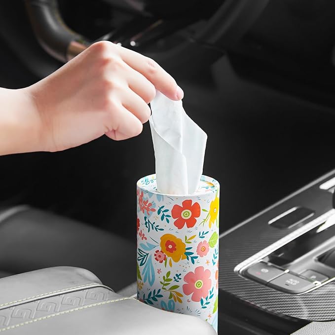 Car Tissue Holder Cylinder - 4 Pack, 50 3-Ply Tissues per Cylinder, Fits Car Cup Holders, Portable, Floral Design, Round Tissue Box for Car