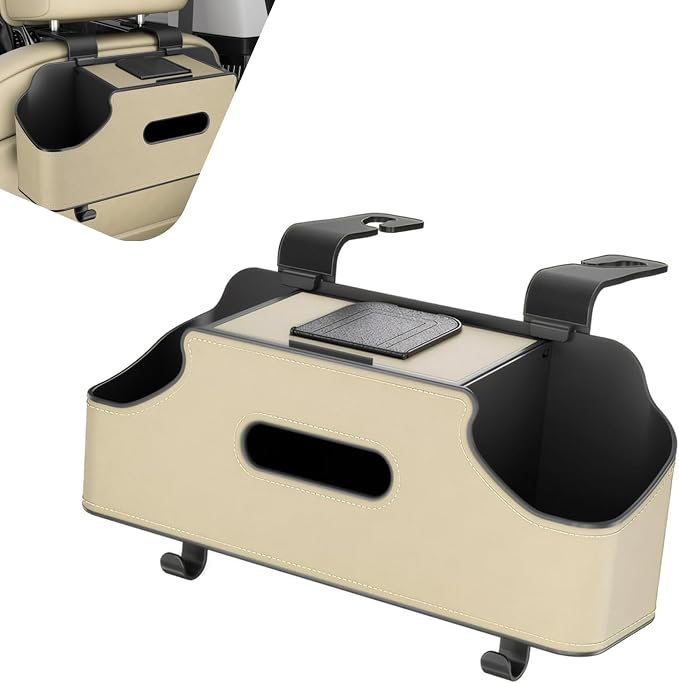 1 PC Backseat Organizer with Dual Cup Holder, Multi-function Tissue Hanging Box and 2 Hooks, Extra Rear Seat Road Trip Storage Accessories, Universal for Most Cars, Trucks, SUVs (Beige)