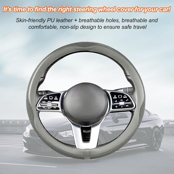 Car Steering Wheel Cover, 15 inch Ice Silk Leather Soft Comfortable Vehicle Steering Wheel Protector, Breathable Automotive Interior Accessories, Universal for SUV Sedan Truck (Gray)