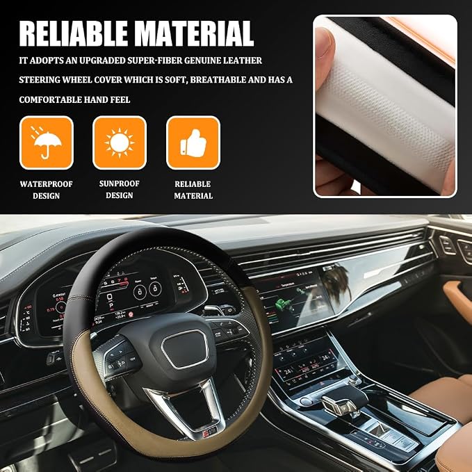 Car Steering Wheel Cover, 15 Inch Napa Leather Car Steering Wheel Protector, Slip-Resistant Elastic Steering Wheel Handle Cover, Universal Interior Accessories for Cars Trucks SUVs (Beige)