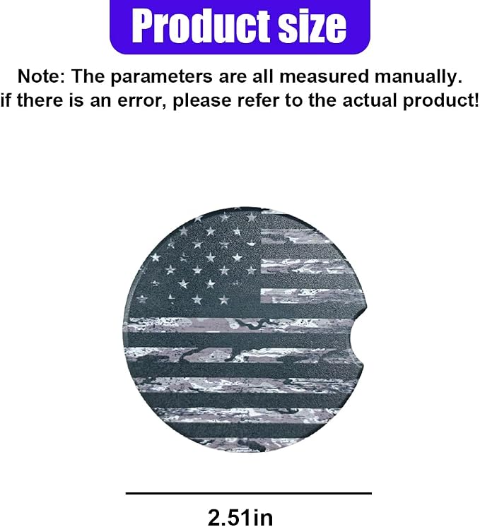 Craedli 2PCS American Flag Car Coasters for Cup Holders, 2.51" Absorbent Ceramic Anti-Slip Drink Insert Car Cup Holder Coaster with Finger Notch, Universal Auto Interior Accessory for Women Men(Black)