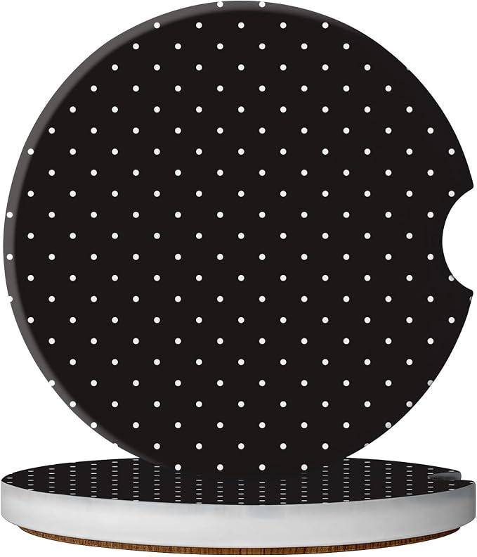 2 Pack Car Coasters for Cup Holders, Absorbent Ceramic Cup Coaster with Cork Base and Finger Notch, Cute Car Accessories Interior for Women Men (Black Polka Dots)