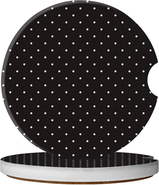 2 Pack Car Coasters for Cup Holders, Absorbent Ceramic Cup Coaster with Cork Base and Finger Notch, Cute Car Accessories Interior for Women Men (Black Polka Dots)