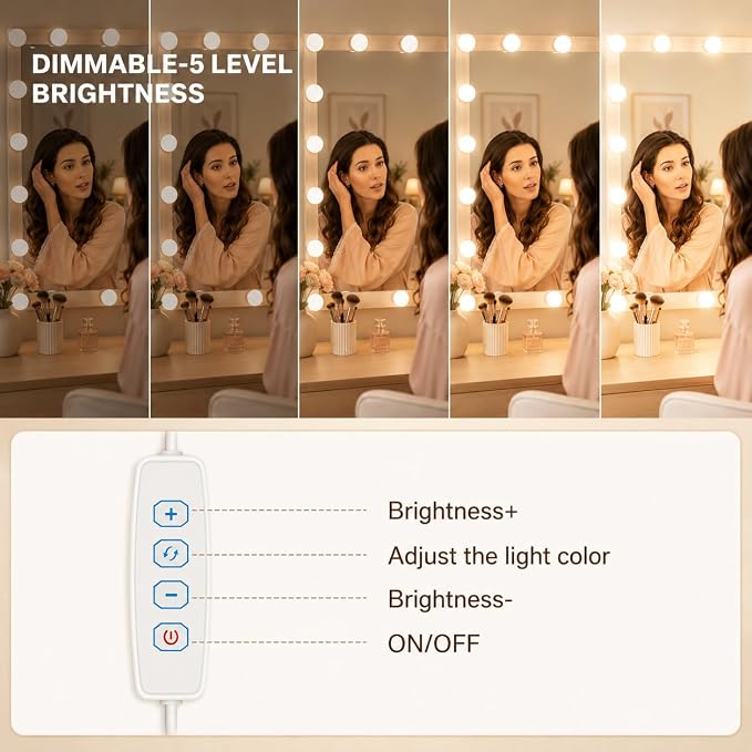 Pretmess LED Vanity Lights for Mirror, Hollywood Style, 10 Dimmable Bulbs | 5 Adjustable Brightness & 3 Color Changing Modes,Wire Length Adjustable & Effortless Setup,USB Cable Design