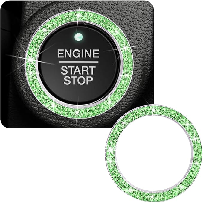 Car Bling Crystal Rhinestone Engine Start Ring Decals, Sparkling Diamond Car Push Start Button Ignition Ring Sticker, Auto Key Ignition Knob Ring Decoration for Women Girls (Light Green)