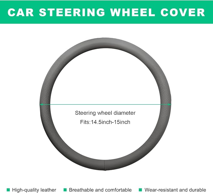 Car Steering Wheel Cover, 15" Breathable Leather Auto Wheel Protector with Comfortable Grip, Non-Slip Perforated Steering Wheel Protective Cover for SUV Truck Sedan Van (Gray)