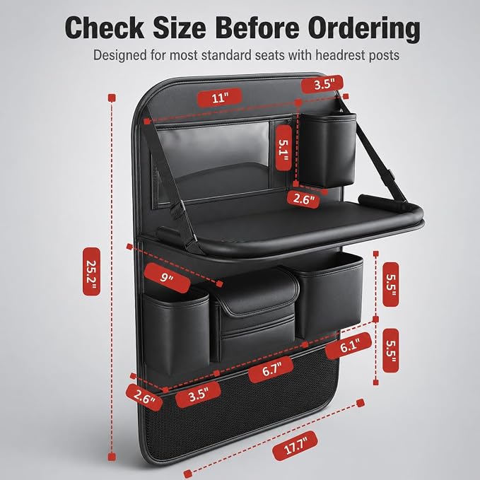 Backseat Car Organizer with Tray, PU Leather Back Seat Organizer, Foldable Seat Back Storage with Tissue Holder, Cup Holders for Family Road Trips, Black, 1 Pack