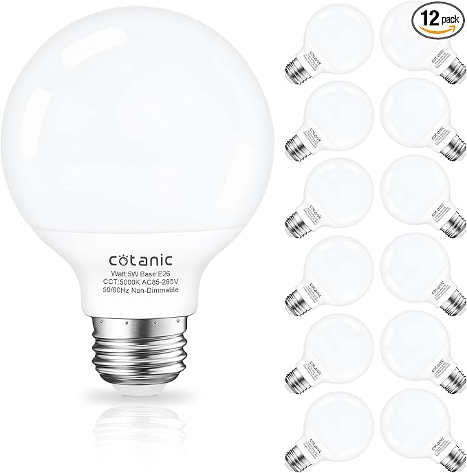 Cotanic 5000K Daylight LED Globe Light Bulbs, E26 Standard Base, 5W(60 Watt Equivalent Incandescent Replacement), 500LM, Non-Dimmable, 12 Pack Bathroom G25 Vanity Light Bulb