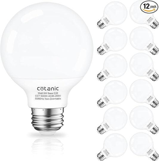 Cotanic 5000K Daylight LED Globe Light Bulbs, E26 Standard Base, 5W(60 Watt Equivalent Incandescent Replacement), 500LM, Non-Dimmable, 12 Pack Bathroom G25 Vanity Light Bulb
