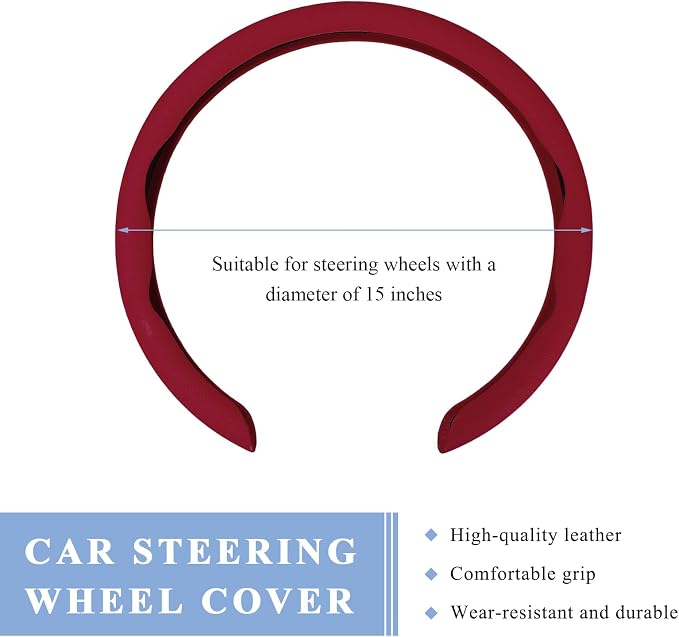 Steering Wheel Cover, 15 Inch Anti-Slip Breathable Steering Wheel Protector Auto Interior Decor, Heat-Resistant Comfort Grip Wheel Cover Universal for Most Cars Trucks SUVs (Wine Red)